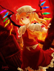 Rule 34 | 1girl, ascot, blonde hair, breasts, commentary, cowboy shot, crystal, dated, dutch angle, english commentary, flandre scarlet, frilled shirt collar, frilled skirt, frilled sleeves, frills, hat, hat ribbon, highres, looking at viewer, medium hair, mob cap, one side up, parted lips, puffy short sleeves, puffy sleeves, red eyes, red ribbon, red skirt, red vest, ribbon, shirt, short sleeves, signature, skirt, small breasts, smile, solo, touhou, tsunoh, vest, white shirt, wings, yellow ascot