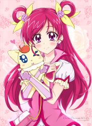 Rule 34 | 00s, 1girl, bad id, bad pixiv id, blush, character name, coco (precure 5), coco (yes! precure 5), copyright name, creature, cure dream, earrings, fingerless gloves, floral background, flower, gloves, hair flower, hair ornament, hair ribbon, hair rings, jewel (the black canvas), jewelry, long hair, magical girl, pink background, pink flower, pink hair, pink rose, precure, purple eyes, ribbon, rose, smile, yes! precure 5, yes! precure 5 gogo!, yumehara nozomi