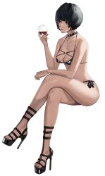 Rule 34 | 1girl, alcohol, atlus, bikini, black bikini, black choker, black footwear, black hair, breasts, choker, cleavage, commentary request, crossed legs, cup, drinking glass, female focus, from side, full body, high heels, highres, holding, holding cup, j@ck, jewelry, lips, looking ahead, medium breasts, nail polish, necklace, persona, persona 5, red eyes, red nails, sandals, sega, short hair, side-tie bikini bottom, simple background, sitting, solo, swimsuit, takemi tae, toeless footwear, toenail polish, toenails, white background, wine, wine glass