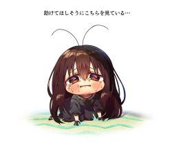 Rule 34 | 1girl, antenna hair, blush, brown eyes, brown hair, bug, chibi, cockroach, crying, dress, forehead, full-face blush, hair between eyes, harumina mau, highres, insect, looking at viewer, open mouth, original, personification, solo, sparkling eyes, tears