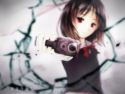 Rule 34 | 1girl, aiming, aiming at viewer, black hair, broken glass, crying, crying with eyes open, firing at viewer, fourth wall, glass, glock, gun, handgun, highres, lin (laam226), neckerchief, original, red eyes, school uniform, tears, translated, weapon