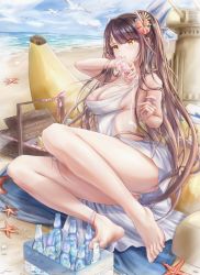 Rule 34 | 1girl, absurdres, azur lane, banana, bare legs, barefoot, beach, beach umbrella, blue sky, breasts, brown hair, day, feet, flower, food, fruit, hair flower, hair ornament, hiei (azur lane), hiei (beauty of the white sands) (azur lane), highres, horns, huge filesize, large breasts, long hair, ocean, outdoors, pouring, pouring onto self, ramune, red flower, red rose, rose, sand, sideboob, sitting, sky, soles, solo, summer, swimsuit, thighs, umbrella, very long hair, xevxt, yellow eyes