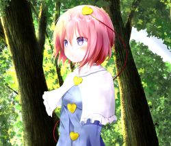 Rule 34 | 1girl, blue shirt, blush, breasts, capelet, closed mouth, day, embellished costume, forest, from side, heart, komeiji satori, long sleeves, looking away, nature, outdoors, pink hair, purple eyes, shirt, short hair, small breasts, solo, touhou, upper body, yuuforia
