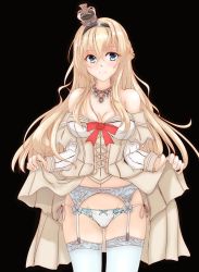 Rule 34 | 1girl, black background, blonde hair, blue eyes, braid, clothes lift, commentary request, corset, cowboy shot, crown, dress, dress lift, flower, garter belt, garter straps, half up braid, kantai collection, long hair, long sleeves, looking at viewer, mini crown, off-shoulder dress, off shoulder, panties, red flower, red ribbon, red rose, ribbon, rose, sakami senka, simple background, solo, thighhighs, underwear, warspite (kancolle), white dress, white panties, white thighhighs