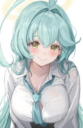 Rule 34 | 1girl, absurdres, ahoge, black skirt, blue archive, blush, breasts, buttons, cleavage, closed mouth, collared shirt, gisi (gicgic draw), green hair, green necktie, hair between eyes, halo, highres, huge ahoge, large breasts, long hair, long sleeves, looking at viewer, necktie, pleated skirt, shirt, simple background, skirt, solo, white background, white shirt, yellow eyes, yellow halo, yume (blue archive)