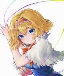 Rule 34 | 1girl, alice margatroid, blonde hair, blue dress, blue eyes, blush, bow, bowtie, breasts, capelet, colored eyelashes, commentary request, dress, hair between eyes, hair intakes, hairband, hand up, jewelry, lolita hairband, looking at viewer, medium breasts, orange bow, orange bowtie, orange hairband, puppet rings, puppet strings, ring, short hair, simple background, smile, solo, touhou, upper body, white background, white capelet, yuma (yuuma pants)