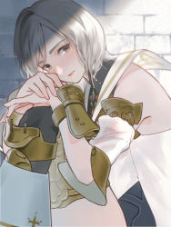Rule 34 | 1girl, ashelia b&#039;nargin dalmasca, closed mouth, detached sleeves, final fantasy, final fantasy xii, grey eyes, grey hair, hands on own knees, looking at viewer, minabe (mi-nabe), short hair, solo, thighhighs