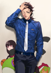 Rule 34 | 1boy, 1girl, alternate costume, animal, bad id, bad pixiv id, belt, black eyes, black hair, collared shirt, fate/grand order, fate (series), frog, hand in own hair, hand in pocket, highres, koha-ace, long hair, long sleeves, looking at viewer, male focus, necktie, one eye closed, oryou (fate), oversized animal, ponytail, red eyes, sakamoto ryouma (fate), sakamoto ryouma (festival outfit) (fate), shirt, simple background, smile, sora yoshitake yuda, standing, upper body, very long hair, white neckwear