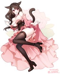 Rule 34 | 1girl, absurdres, animal ears, warrior of light (ff14), bare shoulders, between breasts, black footwear, black thighhighs, blush, braid, breasts, brown hair, cat ears, cat tail, crown braid, detached sleeves, dress, eyelashes, facial mark, final fantasy, final fantasy xiv, floral background, frills, full body, high heels, highres, iso1206, jewelry, large breasts, long hair, looking at viewer, lying, miqo&#039;te, mole, mole under mouth, necklace, on side, parted lips, pink dress, pink ribbon, pinky out, red eyes, ribbon, skirt hold, solo, surprised, swept bangs, tail, thighhighs, underbust, white background