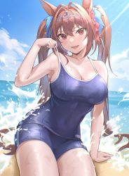 Rule 34 | 1girl, :d, absurdres, animal ears, antenna hair, bare arms, bare shoulders, blue one-piece swimsuit, blue sky, blush, bow, breasts, cleavage, collarbone, commentary request, competition school swimsuit, covered navel, daiwa scarlet (umamusume), day, fang, hair bow, hair intakes, highres, horizon, horse ears, joeychen, large breasts, light rays, long hair, looking at viewer, ocean, on ground, one-piece swimsuit, open mouth, pink eyes, red bow, school swimsuit, sitting, skin fang, sky, smile, solo, strap lift, sunbeam, sunlight, swimsuit, thighs, tiara, twintails, umamusume, v-shaped eyebrows, very long hair, water