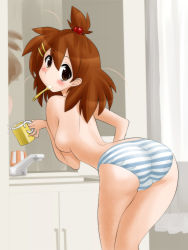 Rule 34 | 00s, ass, bathroom, bent over, brown eyes, brown hair, cup, fat mons, hair bobbles, hair ornament, high ponytail, hirasawa yui, k-on!, leaning forward, mouth hold, mug, nakao, panties, short hair, solo, striped clothes, striped panties, toothbrush, topknot, topless, underwear