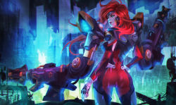 Rule 34 | 1girl, absurdres, alternate costume, ass, bodysuit, cowboy shot, cyberpunk, dual wielding, forehead protector, from behind, glowing, green eyes, gun goddess miss fortune, half-closed eyes, hand on own hip, highres, holding, league of legends, legs apart, lipstick, long hair, looking at viewer, looking back, makeup, miss fortune (league of legends), monori rogue, pool, power suit, red bodysuit, red hair, shoulder cannon, skin tight, solo, wavy hair