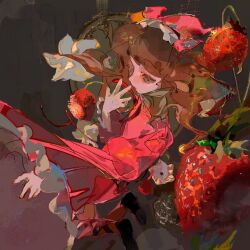 1girl bow brown_hair dress expressionless flower food fruit full_body grey_eyes hair_bow highres hinaichigo long_hair pink_bow pink_dress rozen_maiden sketch solo strawberry takeno_zhuye white_flower wide_sleeves