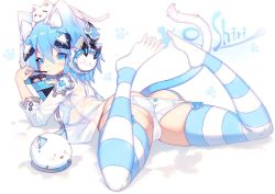 Rule 34 | 1girl, animal, animal ear fluff, animal ears, animal on head, ass, back-print panties, blue eyes, blue hair, bra, breasts, cameltoe, cat, cat ears, cat tail, closed mouth, crotch seam, food, from behind, frown, full body, garter straps, headphones, holding, holding food, jacket, lace, lace-trimmed bra, lace-trimmed panties, lace trim, looking at viewer, looking back, lowleg, lowleg panties, lying, mamuru, medium breasts, mouth hold, no pants, on head, on stomach, original, panties, paw print, pocky, print panties, robot, romaji text, see-through, short hair, sideboob, solo, striped clothes, striped thighhighs, tail, thighhighs, trefoil, underwear, white background, white bra, white jacket, white panties, white thighhighs