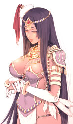 Rule 34 | 1girl, armor, bead necklace, beads, bracelet, breastplate, breasts, bridal gauntlets, circlet, cleavage, covered navel, dark-skinned female, dark skin, dress, elbow gloves, eyelashes, facial mark, fate/grand order, fate (series), feathers, forehead jewel, gem, gloves, half-closed eyes, hands up, jewelry, kiske, large breasts, lipstick, long hair, looking down, makeup, multiple rings, necklace, own hands together, parted bangs, parted lips, pauldrons, pelvic curtain, purple dress, red gemstone, revealing clothes, ring, scheherazade (fate), shoulder armor, sidelocks, simple background, solo, teardrop facial mark, transparent, very long hair, white background, white gloves