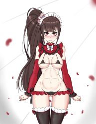 Rule 34 | 1girl, abs, alternate hairstyle, ass, black bow, black cuffs, black nails, black panties, black ribobn, black thighhighs, blush, bow, bow legwear, bow panties, breasts, brown hair, cherry blossoms, clenched teeth, collar, covered erect nipples, danganronpa (series), danganronpa v3: killing harmony, detached collar, detached sleeves, ears, eyelashes, fingernails, frilled thighhighs, frills, gluteal fold, gradient background, hair ornament, harukawa maki, headdress, highres, legs, long hair, looking at viewer, lower teeth only, medium breasts, microskirt, mole, mole under eye, multicolored clothes, multicolored collar, multicolored headwear, multicolored legwear, multicolored panties, multicolored sleeves, muscular, muscular female, nail polish, navel, nose, open mouth, panties, pleated skirt, ponytail, pubic hair, red bow, red collar, red eyes, red headdress, red skirt, red sleeves, red trim, ribbon, shiny clothes, simple background, skirt, solo, standing, teeth, thighhighs, thighs, thighs apart, underwear, upper teeth only, wavy mouth, white bow, white headdress, young savage
