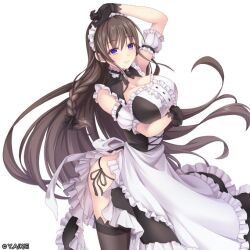 Rule 34 | 1girl, alternate costume, apron, black dress, black gloves, black hair, black thighhighs, breasts, dress, elfine phillet, enmaided, frilled apron, frills, gloves, large breasts, long hair, looking at viewer, maid, maid apron, maid headdress, official art, purple eyes, seiken gakuin no maken tsukai, thighhighs, white apron
