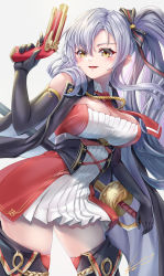 Rule 34 | 1girl, azur lane, blush, breasts, cape, cleavage, contrapposto, cowboy shot, cross-laced clothes, detached collar, drake (azur lane), dress, elbow gloves, from below, gloves, grey hair, gun, handgun, highres, long hair, looking at viewer, low neckline, necktie, open mouth, pink dress, pistol, short dress, side ponytail, simple background, smile, solo, strapless, strapless dress, swept bangs, sword, thighhighs, tight clothes, tight dress, tube dress, underbust, very long hair, weapon, white background, yam (yam6056), yellow eyes, zettai ryouiki