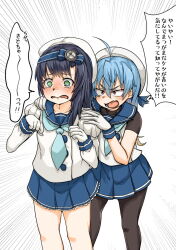 2girls ahoge aqua_neckerchief black_hair black_pantyhose blue_hair blue_hairband blue_sailor_collar blue_skirt commentary_request feet_out_of_frame gloves green_eyes hairband hands_on_another&#039;s_shoulders hat juliet_sleeves kantai_collection long_hair long_sleeves matsuwa_(kancolle) multiple_girls neckerchief open_mouth pantyhose puffy_sleeves red_eyes sado_(kancolle) sailor_collar sailor_hat school_uniform serafuku shirt skirt sleeveless sleeveless_shirt takasugi_heppu translation_request undershirt white_gloves white_hat