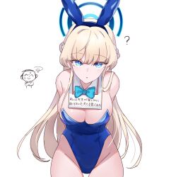 Rule 34 | 1boy, 1girl, ?, anger vein, animal ears, aqua bow, aqua bowtie, arms behind back, doodle sensei (blue archive), blonde hair, blue archive, blue eyes, blue leotard, bow, bowtie, breasts, check translation, commentary request, cowboy shot, detached collar, fake animal ears, halo, highleg, highleg leotard, highres, large breasts, leotard, long hair, looking at viewer, partial commentary, playboy bunny, sensei (blue archive), sign, sign around neck, simple background, solo focus, strapless, strapless leotard, suyasuya (user tjnw5554), toki (blue archive), toki (bunny) (blue archive), translation request, white background