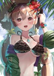 Rule 34 | 1girl, alternate costume, animal ears, bikini, blush, breasts, brown hair, commentary request, ear ornament, flower, frilled bikini, frilled bikini top, frills, hair flower, hair ornament, hibiscus, highres, horse ears, horse girl, jewelry, large breasts, long sleeves, looking at viewer, low twintails, multicolored hair, navel, necklace, open mouth, outdoors, satono diamond (umamusume), smile, solo, streaked hair, swimsuit, teeth, twintails, umamusume, underboob, upper body, upper teeth only, wanderlucia, white hair, yellow eyes