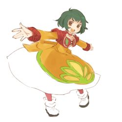 Rule 34 | 00s, 1girl, brown eyes, dress, farah oersted, green hair, mota, open mouth, orange dress, outstretched arms, simple background, sketch, solo, tales of (series), tales of eternia, white background