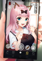 Rule 34 | 1girl, :d, absurdres, artist name, black bow, blue eyes, blunt bangs, blurry, blurry background, bow, breasts, cellphone, claw pose, collarbone, commentary, depth of field, drawn ears, drawn whiskers, face filter, fang, fujiwara chika, hair bow, highres, holding, holding phone, kaguya-sama wa kokurasetai ~tensai-tachi no renai zunousen~, large breasts, long hair, looking at viewer, open mouth, phone, pink hair, pov, sasoura, school uniform, short sleeves, shuuchiin academy school uniform, smartphone, smile, solo focus, upper body