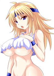 Rule 34 | 1girl, armlet, banpresto, bare shoulders, blonde hair, blue eyes, bottomless, breasts, covered erect nipples, groin, headband, konno tohiro, large breasts, long hair, lune zoldark, navel, simple background, solo, super robot wars, tank top, underboob, white background