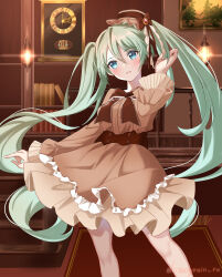 Rule 34 | 1girl, absurdres, analog clock, aqua hair, artist name, blue eyes, blush, bookshelf, bow, bowtie, brown bow, brown bowtie, brown dress, brown hat, brown ribbon, clock, commentary, dress, frilled dress, frills, hair between eyes, hand up, hat, hat ribbon, hatsune miku, head tilt, highres, holding own hair, honeyrain re, indoors, lamp, layered dress, layered sleeves, long hair, long sleeves, looking at viewer, picture frame, ribbon, rug, sidelocks, solo, standing, twintails, very long hair, vocaloid, wide sleeves