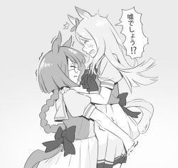 Rule 34 | 2girls, ^^^, animal ears, blush, bow, bowtie, braid, braided ponytail, carrying, carrying person, clenched teeth, clothing cutout, ear bow, glasses, greyscale, hand on another&#039;s shoulder, horse ears, horse girl, horse tail, ikuno dictus (umamusume), long hair, low ponytail, mejiro mcqueen (umamusume), monochrome, multiple girls, open mouth, puffy short sleeves, puffy sleeves, sailor collar, school uniform, short sleeves, sideways mouth, sinnra art, speech bubble, tail, tail through clothes, teeth, tracen school uniform, translation request, trembling, umamusume, yuri