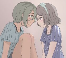 Rule 34 | 2girls, age difference, blue hairband, blue shirt, blush, bow hairband, brown background, brown hair, closed mouth, dress, ebizuka tomo, ein, forehead-to-forehead, girls band cry, green eyes, grey hair, hairband, heads together, highres, looking at another, medium hair, multiple girls, purple dress, red eyes, rupa (girls band cry), shirt, short hair, short sleeves, simple background, sitting, smile, sweatdrop, upper body, yuri