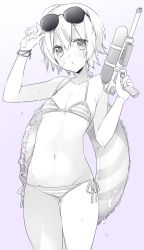 Rule 34 | 1girl, :o, bikini, blush, breasts, cowboy shot, eyewear on head, fate/apocrypha, fate (series), finger on trigger, gluteal fold, gradient background, greyscale, gun, hair between eyes, halterneck, highres, holding, holding gun, holding weapon, innertube, jack the ripper (fate/apocrypha), looking at viewer, lowleg, lowleg bikini, monochrome, navel, parted lips, purple background, purple theme, scar, scar on face, short hair, side-tie bikini bottom, simple background, sino (sionori), small breasts, solo, striped bikini, striped clothes, sunglasses, swim ring, swimsuit, thigh gap, water gun, weapon, wet, wristband