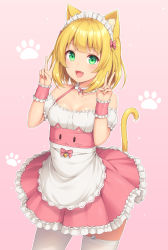 Rule 34 | 1girl, animal ears, apron, bare shoulders, bell, blonde hair, blush, bow, breasts, cat ears, cat girl, cat tail, collarbone, detached sleeves, double v, dress, fang, female focus, frilled skirt, frilled wristband, frills, garter straps, gradient background, green eyes, hair bow, hands up, happy, looking at viewer, maid, maid apron, maid headdress, neck, off-shoulder shirt, off shoulder, open mouth, original, paw print, paw print background, pink background, pink bow, pink skirt, pink wristband, puffy short sleeves, puffy sleeves, sasaame, shirt, short hair, short sleeves, skirt, small breasts, smile, solo, standing, tail, thighhighs, v, white shirt, white thighhighs, wristband