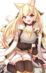 Rule 34 | 1girl, :d, animal ears, blonde hair, blush, braid, brown gloves, brown thighhighs, commentary request, erune, gloves, granblue fantasy, long sleeves, low twintails, open mouth, red eyes, sayossa (pak-front), simple background, sitting, smile, solo, thighhighs, twintails, white background, yuisis (granblue fantasy)