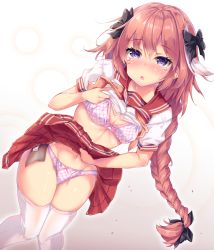 Rule 34 | 1boy, :o, astolfo (fate), astolfo (sailor paladin) (fate), black bow, blush, bow, bra, braid, clothes lift, fate/apocrypha, fate/grand order, fate (series), fukuda shuushi, hair bow, highres, lifting own clothes, long hair, looking at viewer, male focus, navel, official alternate costume, panties, pink hair, plaid, plaid bra, plaid panties, red skirt, school uniform, serafuku, skirt, skirt lift, solo, tears, thighhighs, trap, underwear, white thighhighs