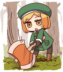 Rule 34 | 1girl, :o, axe, battle axe, beret, blonde hair, blush stickers, boots, brown eyes, brown footwear, brown gloves, brown pantyhose, chibi, fate/grand order, fate (series), full body, gloves, green hat, green jacket, hat, holding, holding axe, jacket, knee boots, long sleeves, motion lines, naga u, pantyhose, parted bangs, parted lips, paul bunyan (fate), solo, standing, tree, two-handed, weapon