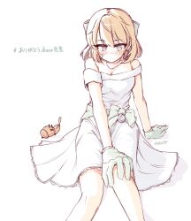 Rule 34 | 1girl, bandaid, bandaid on face, bow, commentary request, crab, dress, feet out of frame, gloves, grey eyes, hair bow, highres, kantai collection, light brown hair, oboro (kancolle), off-shoulder dress, off shoulder, official alternate costume, short hair, simple background, sitting, solo, tatahai, white background, white bow, white gloves