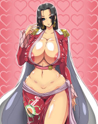 Rule 34 | 1girl, areola slip, black hair, blue eyes, boa hancock, breasts, cleavage, covered erect nipples, curvy, highres, huge breasts, huge nipples, impossible clothes, looking at viewer, nipples, one piece, smile, solo, wide hips, yukimaru (gojo)