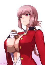 Rule 34 | 1boy, 1girl, braid, breasts, closed mouth, commentary request, epaulettes, erection, expressionless, fate/grand order, fate (series), florence nightingale (fate), folded ponytail, gloves, gradient background, hetero, highres, isemagu, jacket, large breasts, long hair, looking away, military, military uniform, no bra, open clothes, open jacket, open shirt, paizuri, penis, pink hair, red eyes, red jacket, shirt, solo focus, unbuttoned, uncensored, uniform, white gloves, white shirt