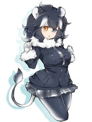 Rule 34 | 10s, 1girl, animal ears, black hair, blue eyes, coat, color switch, commentary, fur collar, fur trim, gloves, grey hair, grey wolf (kemono friends), heterochromia, highres, kemono friends, lion ears, lion tail, long sleeves, multicolored hair, necktie, pantyhose, plaid, plaid necktie, plaid neckwear, plaid skirt, pleated skirt, short hair, skirt, solo, tail, tatsuno newo, white gloves, white hair, white lion (kemono friends), yellow eyes