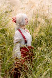 Rule 34 | 1girl, blunt bangs, bow, breasts, closed mouth, collared shirt, cosplay, cosplay photo, from side, fujiwara no mokou, fujiwara no mokou (cosplay), grass, grey hair, hair bow, hand in pocket, highres, juliet sleeves, long hair, long sleeves, medium breasts, mokoiscat, outdoors, pants, photo (medium), puffy sleeves, red pants, shirt, solo, suspenders, touhou, very long hair, white shirt