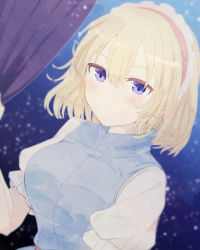 Rule 34 | 1girl, alice margatroid, aoi (annbi), bad id, bad pixiv id, blonde hair, blue eyes, blue vest, blurry, blurry background, blush, breasts, commentary, curtain grab, curtains, dutch angle, expressionless, hairband, highres, large breasts, light particles, lolita hairband, parted lips, puffy short sleeves, puffy sleeves, shirt, short hair, short sleeves, simple background, solo, touhou, upper body, vest, white shirt