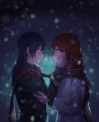 Rule 34 | 2girls, blue hair, blush, coat, commentary request, hair between eyes, hands on another&#039;s face, highres, long hair, looking at another, love live!, love live! school idol festival, love live! school idol project, multiple girls, nishikino maki, pout, purple eyes, red hair, red scarf, scarf, shared clothes, shared scarf, snowing, sonoda umi, striped clothes, striped scarf, walluka, yellow eyes