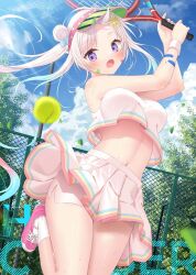 Rule 34 | 1girl, airani iofifteen, alternate costume, ball, bike shorts under skirt, blue hair, blue sky, blush, breasts, chain-link fence, cloud, cloudy sky, commentary, crop top, day, fence, food print, foot out of frame, green hat, hair bun, hat, hololive, hololive indonesia, leaf, light blue hair, long hair, looking at viewer, medium breasts, miniskirt, motion blur, multicolored hair, navel, open mouth, outdoors, paint, paint on body, paint splatter, paint splatter on face, palette hair ornament, pink footwear, pleated skirt, polka dot, purple eyes, racket, shirt, shoes, short shorts, shorts, skirt, sky, sleeveless, sleeveless shirt, socks, solo, sportswear, standing, standing on one leg, stomach, sweat, sweatband, symbol-only commentary, tennis ball, tennis racket, tennis uniform, thighs, tree, two-tone hair, virtual youtuber, visor cap, watermelon print, white hair, white shorts, white skirt, white socks, yano mitsuki (nanairo)