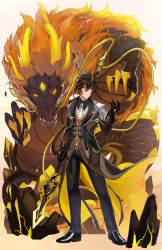 Rule 34 | 1boy, black footwear, black gloves, brown hair, closed mouth, coattails, collared shirt, commentary request, dragon, earrings, eastern dragon, eyeliner, formal, full body, genshin impact, gloves, gradient hair, gunmetalrose, hair between eyes, highres, holding, holding polearm, holding weapon, jacket, jewelry, long hair, long sleeves, looking at viewer, makeup, male focus, multicolored hair, necktie, orange hair, pants, polearm, ponytail, rex lapis (genshin impact), shirt, shoes, simple background, single earring, smile, solo, standing, suit, tassel, tassel earrings, weapon, whiskers, white background, white necktie, yellow eyes, zhongli (genshin impact)