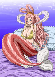 Rule 34 | 1girl, ass, blue eyes, breasts, female focus, highres, large breasts, long hair, mermaid, monster girl, nel-zel formula, one piece, pink hair, shirahoshi, smile, swimsuit