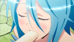 Rule 34 | 10s, 1girl, animated, animated gif, blue hair, blush, closed eyes, food, harpy, ice cream, monster girl, monster musume no iru nichijou, papi (monster musume), sexually suggestive, solo
