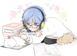 Rule 34 | 10s, 1boy, :3, ^ ^, blue eyes, blue hair, blush, book, book stack, cat, closed mouth, closed eyes, fate/extra, fate/extra ccc, fate (series), hans christian andersen (fate), headphones, male focus, open book, poking, seiza, sino (sionori), sitting, sleeping, solo, sweatdrop