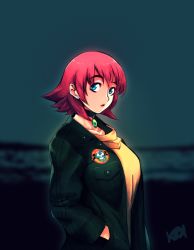 Rule 34 | 1girl, blue eyes, blurry, blurry background, breast pocket, choker, collarbone, commentary, depth of field, earrings, english commentary, from side, green jacket, hand in pocket, jacket, jewelry, kiririn51, lipstick, looking at viewer, makeup, n1rv ann-a, official art, open clothes, open jacket, parted lips, pink hair, pocket, red lips, sam (n1rv ann-a), short hair, solo, thick eyebrows