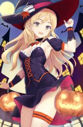 Rule 34 | 1girl, ass, black dress, black hat, blonde hair, braid, breasts, cowboy shot, dress, grey eyes, halloween, halloween costume, hat, highres, jack-o&#039;-lantern, kantai collection, kotou yogen, long hair, looking at viewer, medium breasts, open mouth, smile, solo, strapless, strapless dress, thigh strap, witch hat, zara (kancolle)